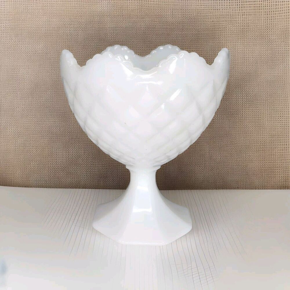Vintage Napco Milk Glass Diamond Quilt Pedestal Compote w/ Scalloped Edge 1184